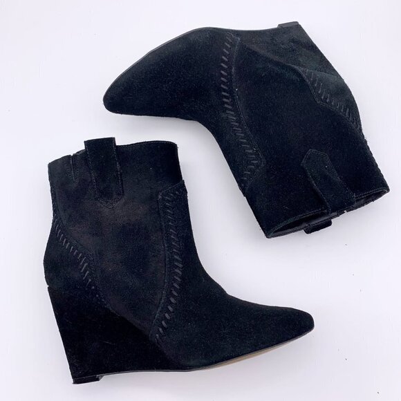 Rebecca Minkoff Bianca Black Suede Wedge Booties Distressed Tonal Stitched 6 M - Picture 11 of 12